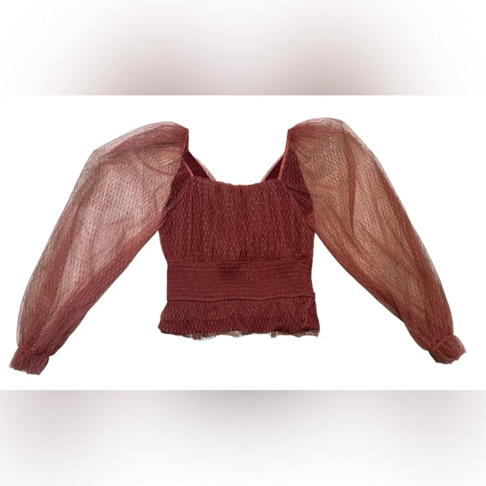 Anthropologie Red Textured Blouse with Sheer Sleeves - Picture 3 of 10